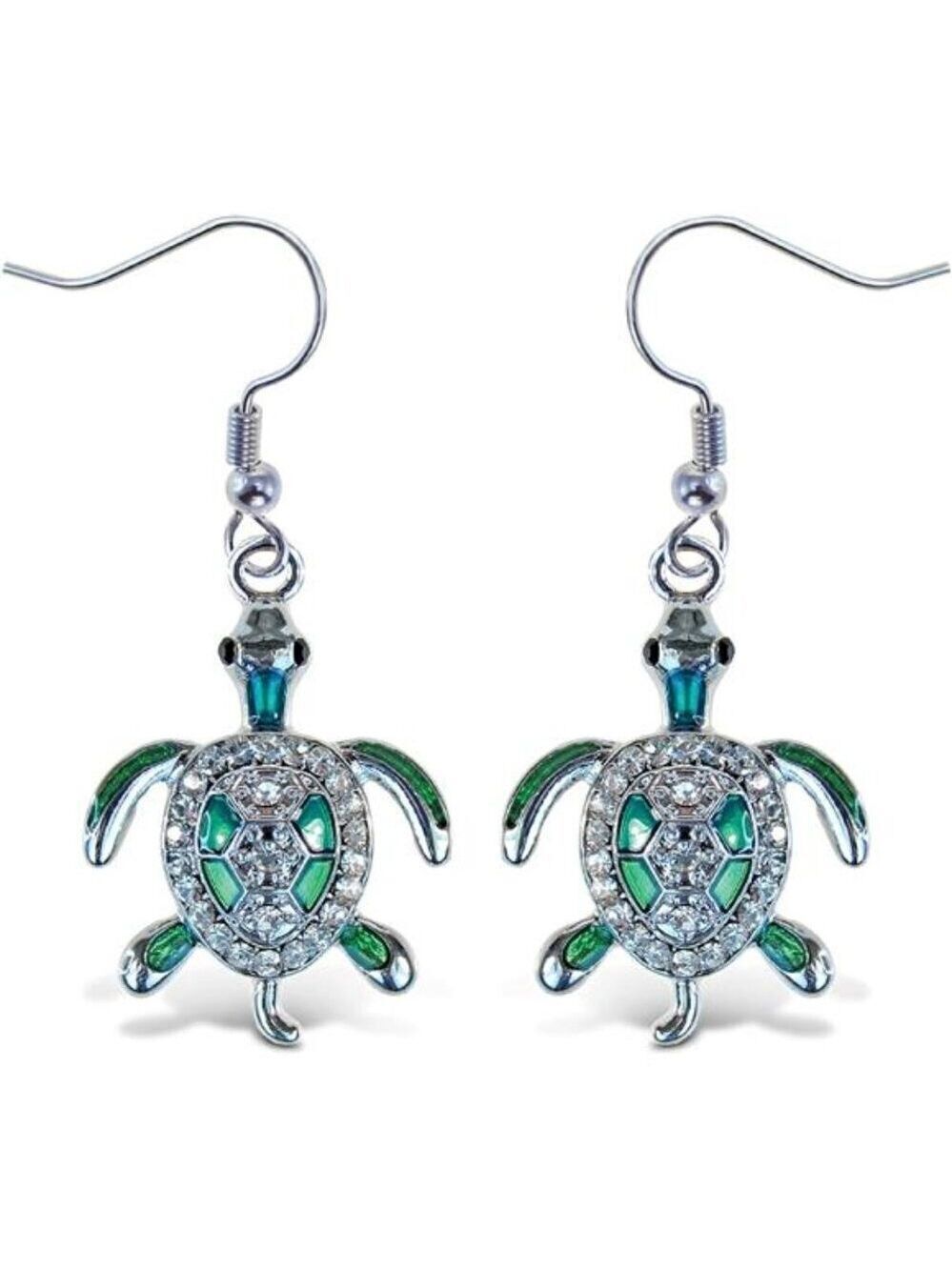 Sparkling Green Sea Turtle Drop Earrings Silver Tone Cute Ocean Animal Jewelry